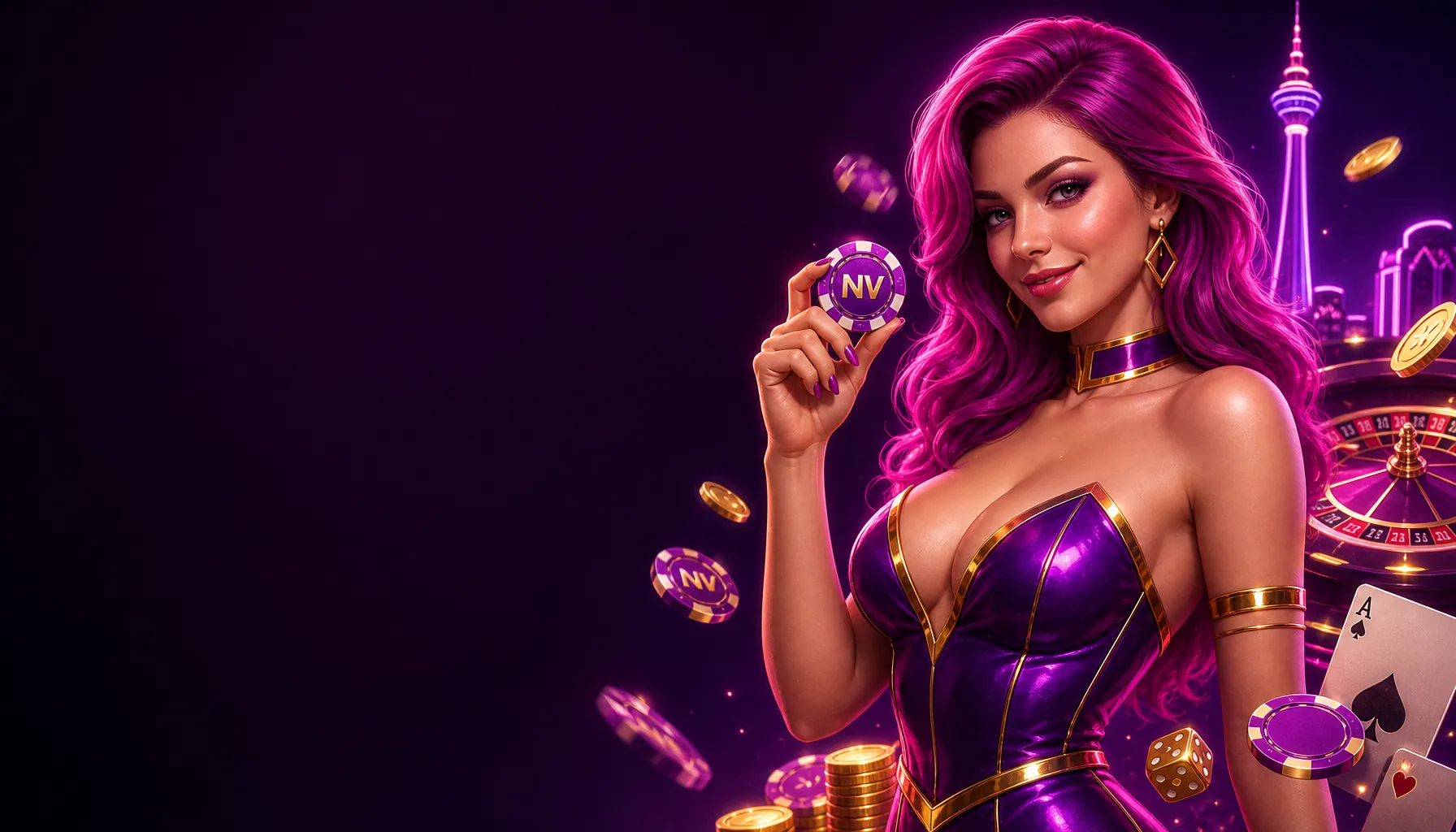 Luxurious casino promotional image featuring a stylized hostess with neon hair and glossy attire, set in a premium iGaming at